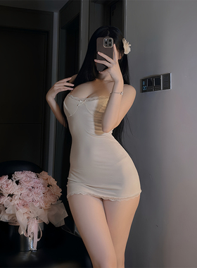 纯欲风蕾丝边性感辣妹吊带裙女包臀无袖连衣裙睡裙带胸垫短裙