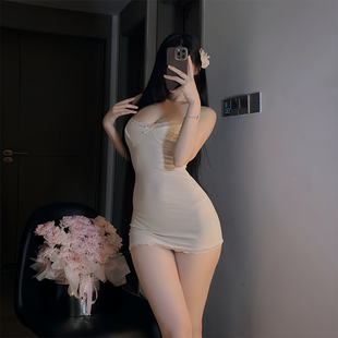 纯欲风蕾丝边性感辣妹吊带裙女包臀无袖连衣裙睡裙带胸垫短裙