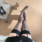 性感电波竖条纹大腿袜女蕾丝提花吊带一体袜超薄过膝油亮丝滑黑丝