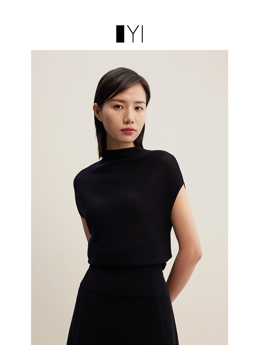[商场同款]YI衣臻女装玄墨黑桑蚕丝高领盖袖修身显瘦薄款针织上衣