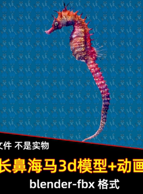 blend写实长鼻海马海洋动物3D模型fbx素材带骨骼绑定游动摇尾动画