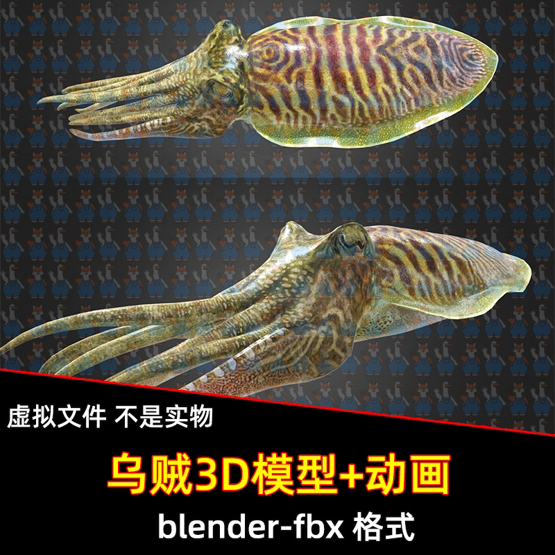 blender写实乌贼海洋动物3D模型带骨骼绑定动画fbx素材漂浮动画