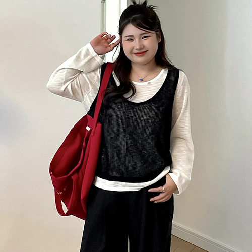 大码女装撞色假两件上衣女2026春款胖mm宽松休闲长袖针织衫23901