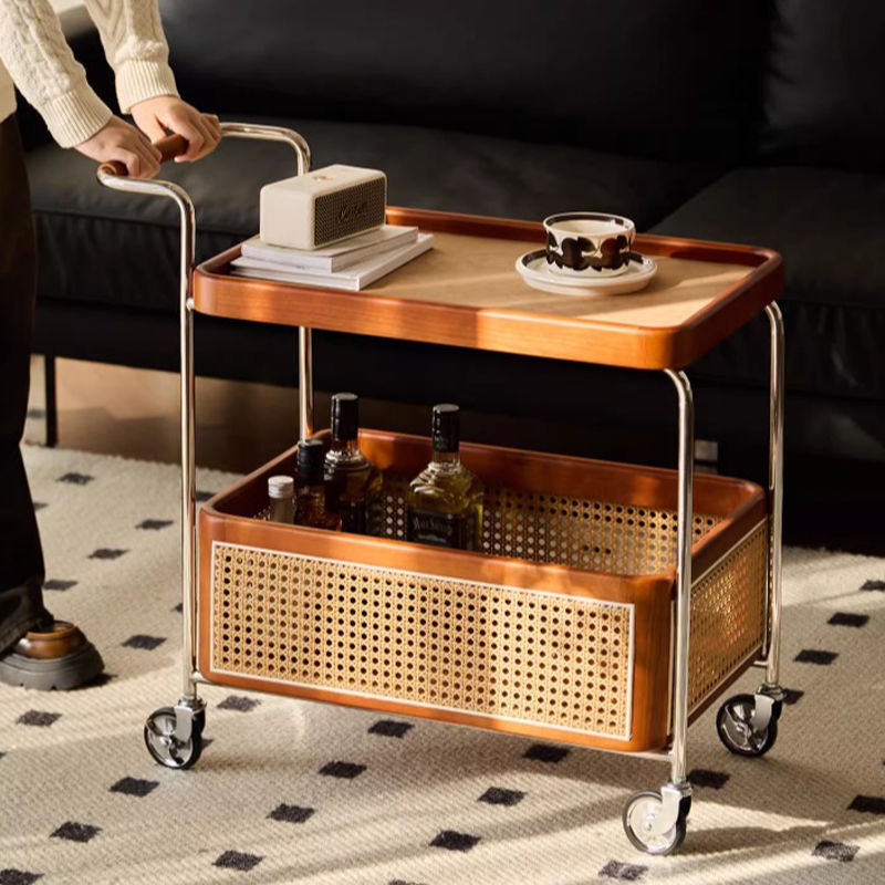 实木可移动边几不锈钢收纳中古小推车客厅储物藤编置物架简约餐车