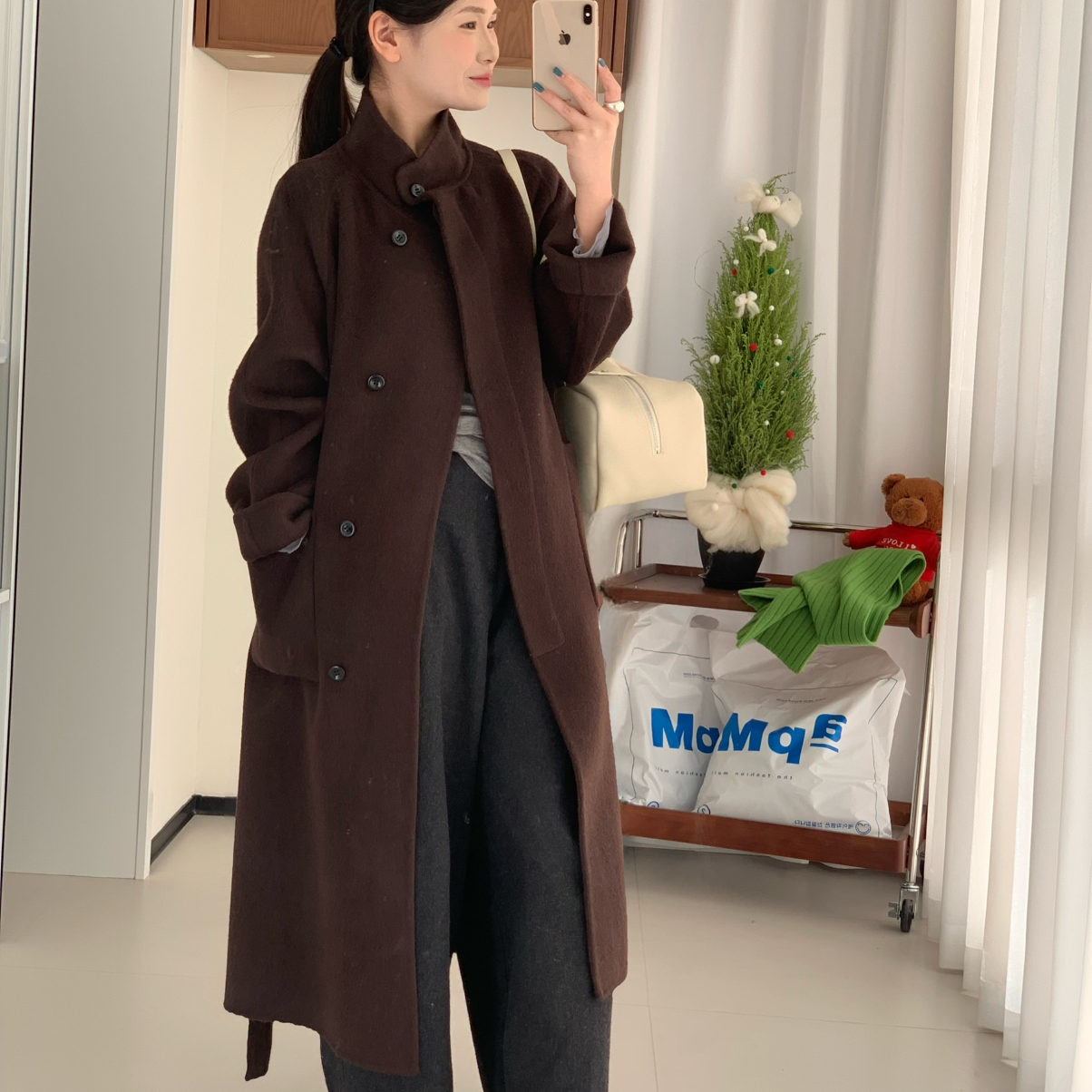 莓果质大牌范长款羊毛外套(配腰带)（含89.9澳毛）(10.1羊绒)S118