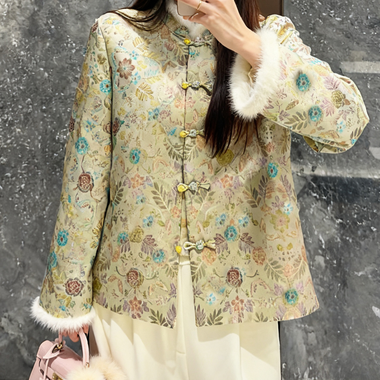 莓果家冬上新重磅2面穿醋酸宋锦水貂毛棉服YS21-G308A