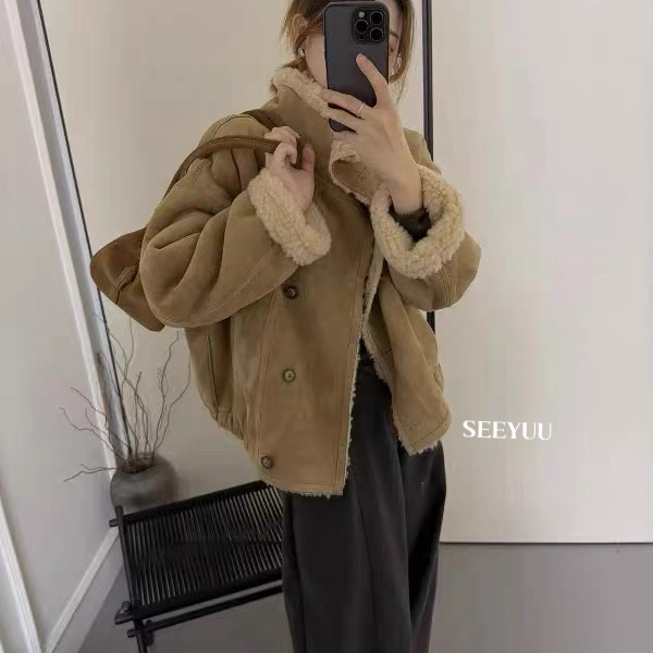 莓果单排扣韩系皮毛一体羊毛外套（含100绵羊毛）PSdt3308