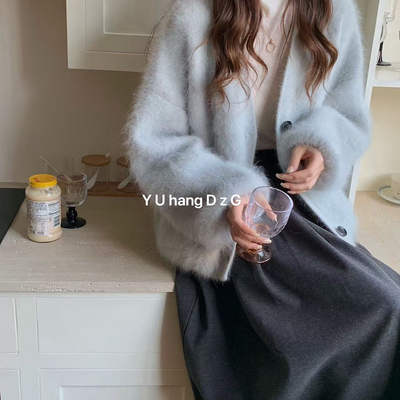 Y莓果法式复古慵懒风V领宽松开衫保暖毛衣（含37兔毛）15