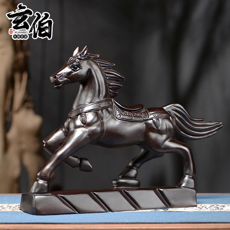 黑檀实木雕刻马摆件生肖补角化解