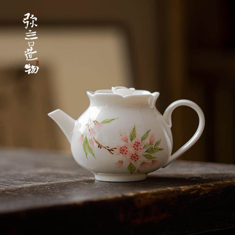 弥言纯手工陶瓷石榴茶壶釉下彩白瓷手绘桃花泡茶壶带过滤单壶家用