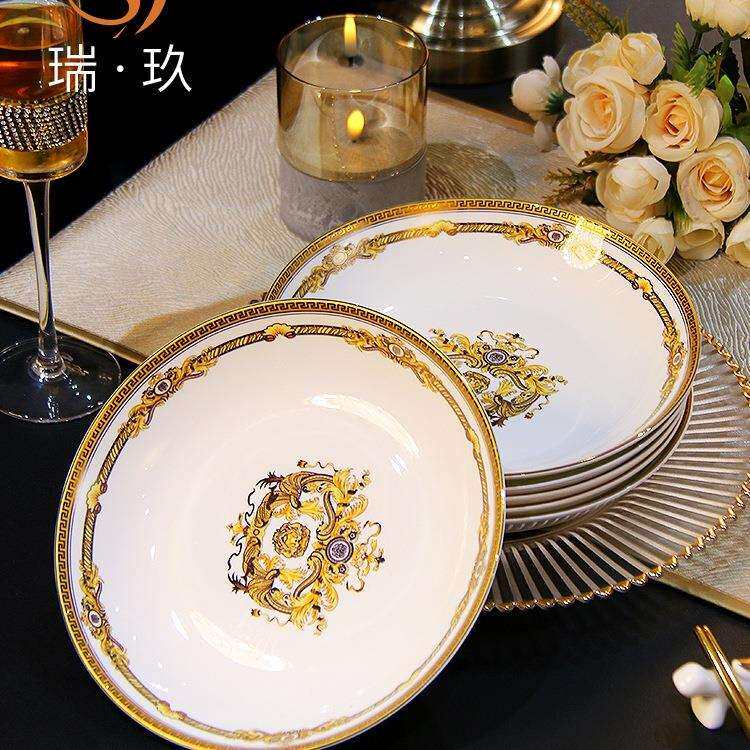 家用盘子10个套装欧式8英寸骨瓷菜盘金边饭盘菜碟子微波炉餐具盘