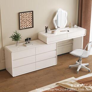 奶油风圆角实木烤漆法式梳妆台卧室化妆斗柜一体伸缩小户型梳妆桌
