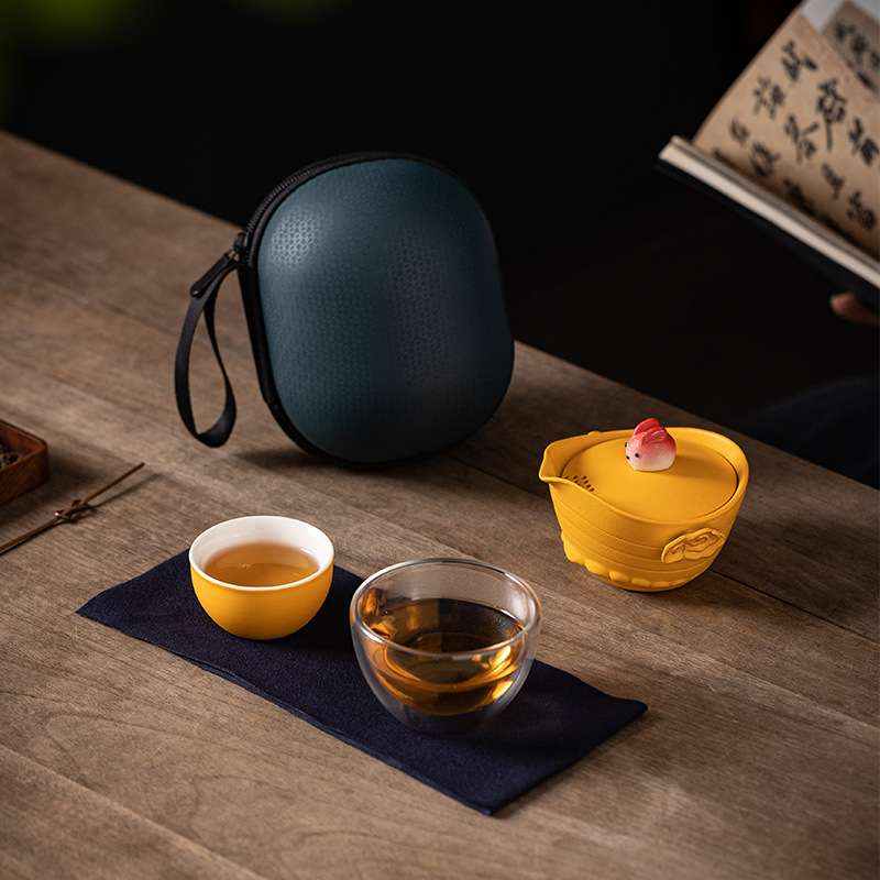 静观陶瓷功夫便携式旅行茶具 创意DIY中国红龙头快客杯旅行茶具包