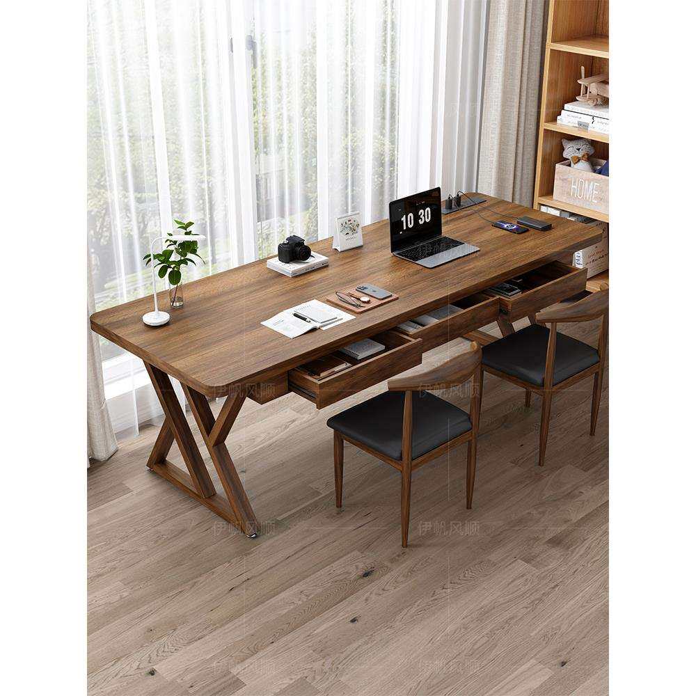 纯实木实心书桌电脑桌带抽屉家用学习桌写字桌工作台靠墙电竞桌