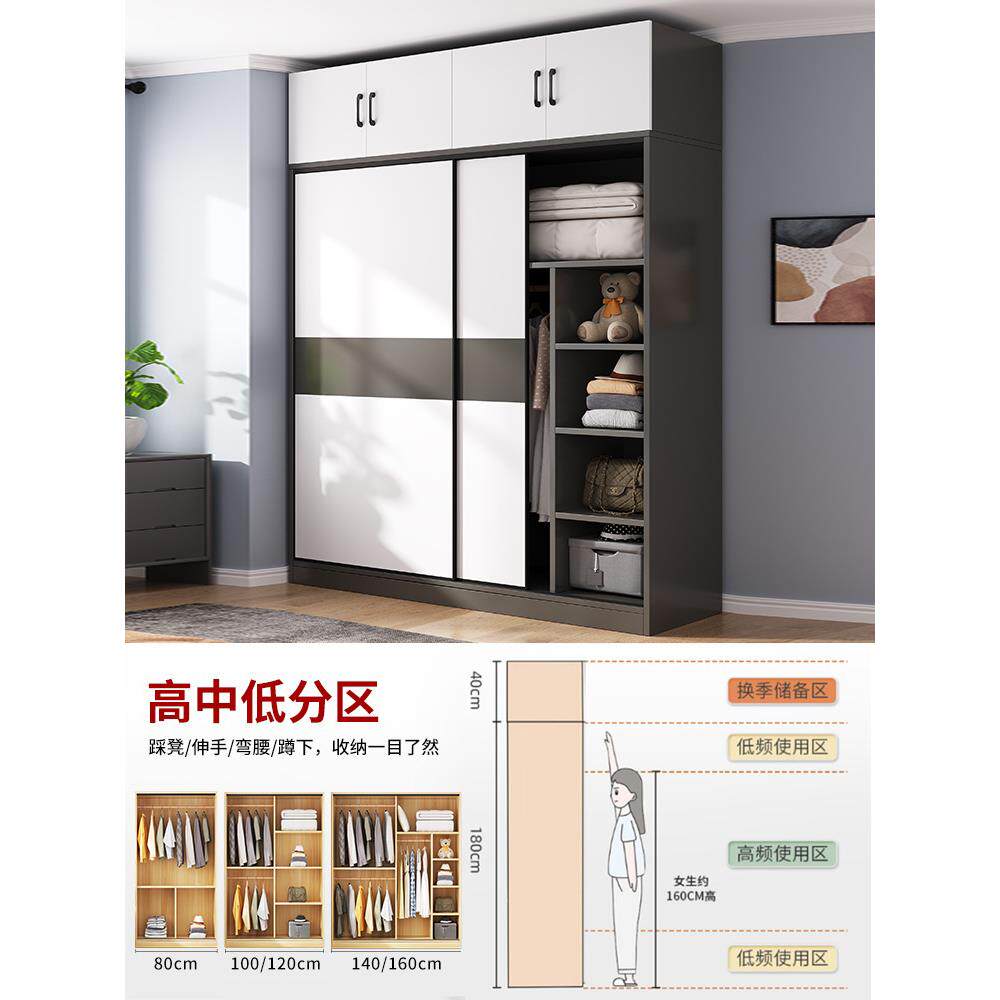 W出租房用小户型儿童收纳储物*简易衣柜家用卧室实木推拉门经济型