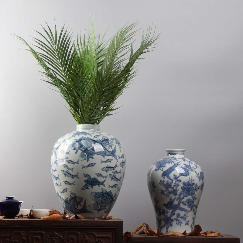 中式青花瓷创意插花装饰品客厅样板房布景陶瓷花瓶贴花工艺品摆件
