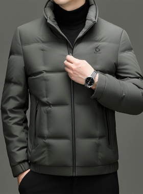 花花公子商务立领短款羽绒服男军绿色拉链加厚保暖外套秋冬季新款