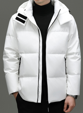 花花公子白色连帽短款羽绒服男加厚保暖可脱卸帽外套冬季舒适耐穿