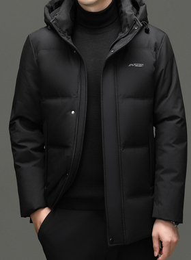 花花公子商务立领羽绒服中长款加厚保暖防寒连帽外套黑色舒适耐穿