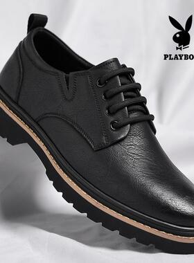 花花公子2025秋季新款真皮休闲鞋复古百搭工装鞋系带黑色男士皮鞋