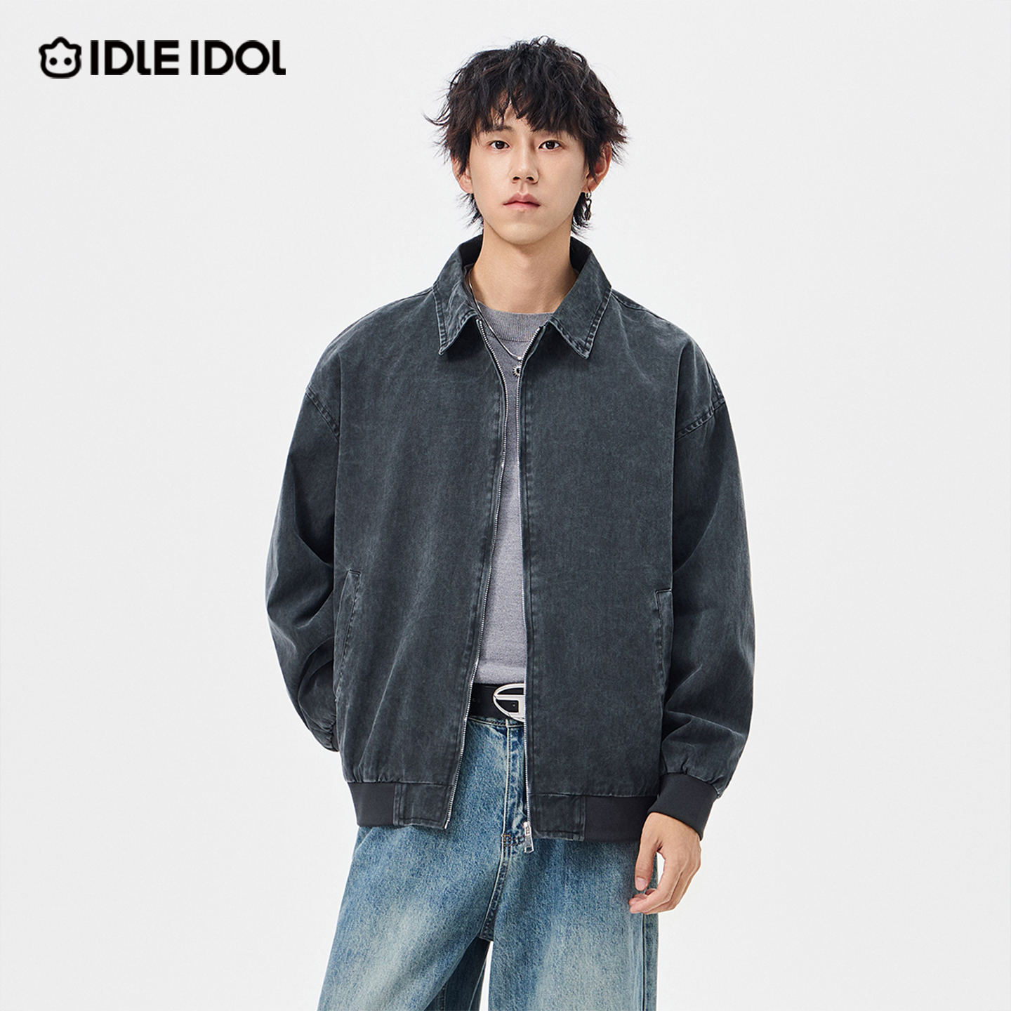 Idle Idol美式复古水洗牛仔外套男秋季宽松休闲百搭翻领夹克上衣