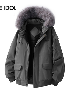 Idle Idol美式毛领羽绒棉服情侣款冬季加厚棉袄连帽派克服外套男
