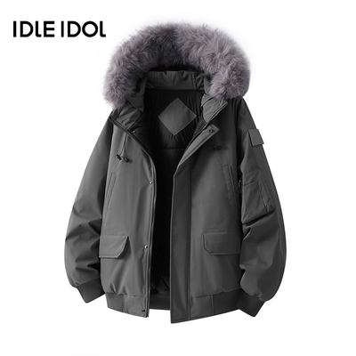 Idle Idol美式毛领羽绒棉服情侣款冬季加厚棉袄连帽派克服外套男