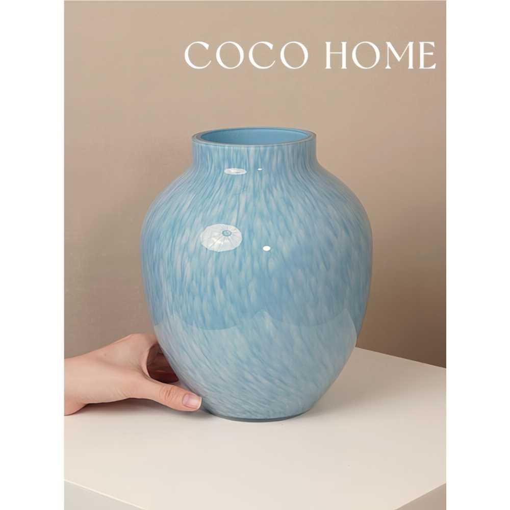 COCO 轻奢蓝色玻璃花瓶高级感客厅芍药水培花器法式圆肚琉璃摆件