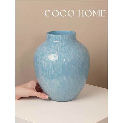 COCO 轻奢蓝色玻璃花瓶高级感客厅芍药水培花器法式圆肚琉璃摆件