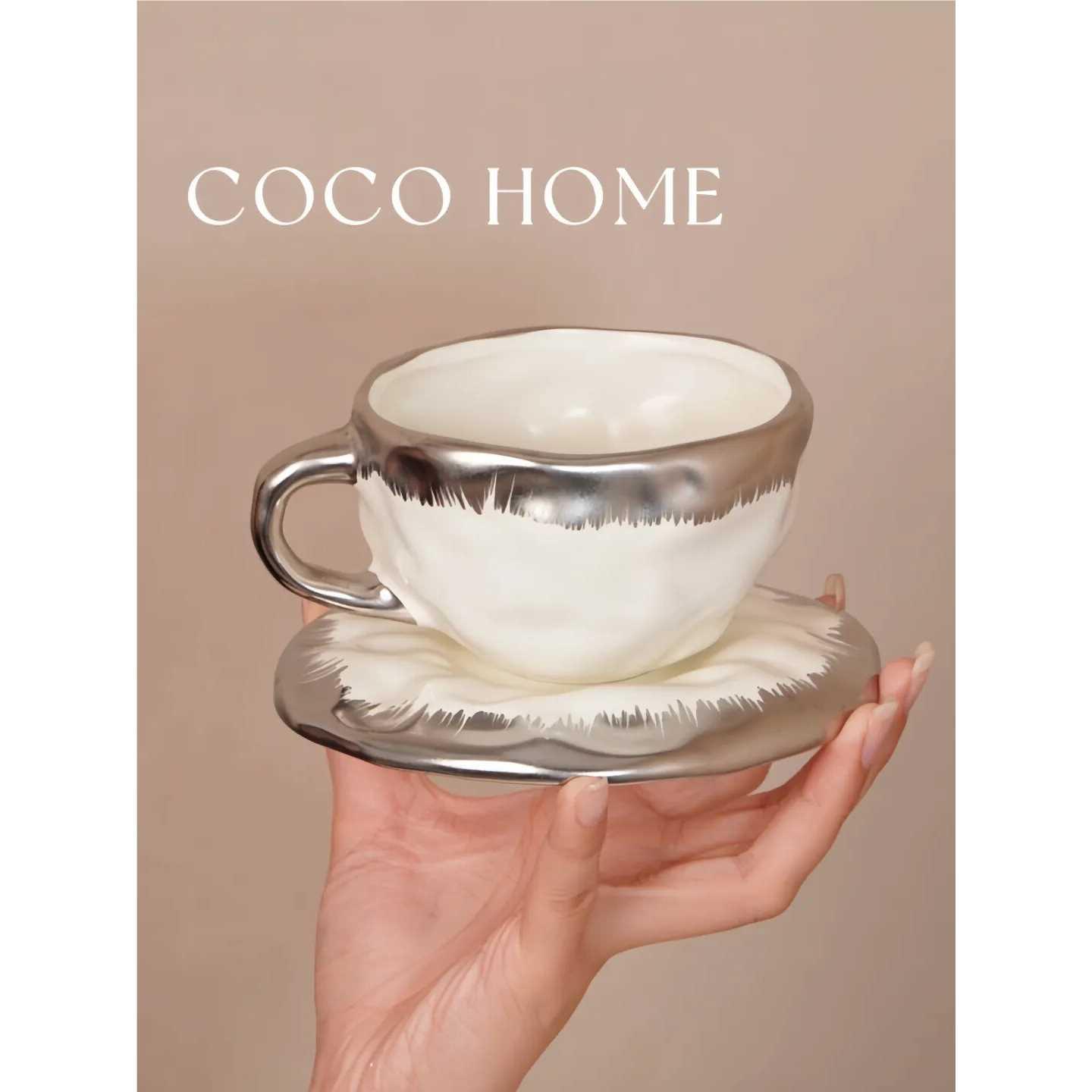 COCO 中古风鎏金陶瓷咖啡杯碟套装下午茶轻奢不规则手捏纹拿铁杯