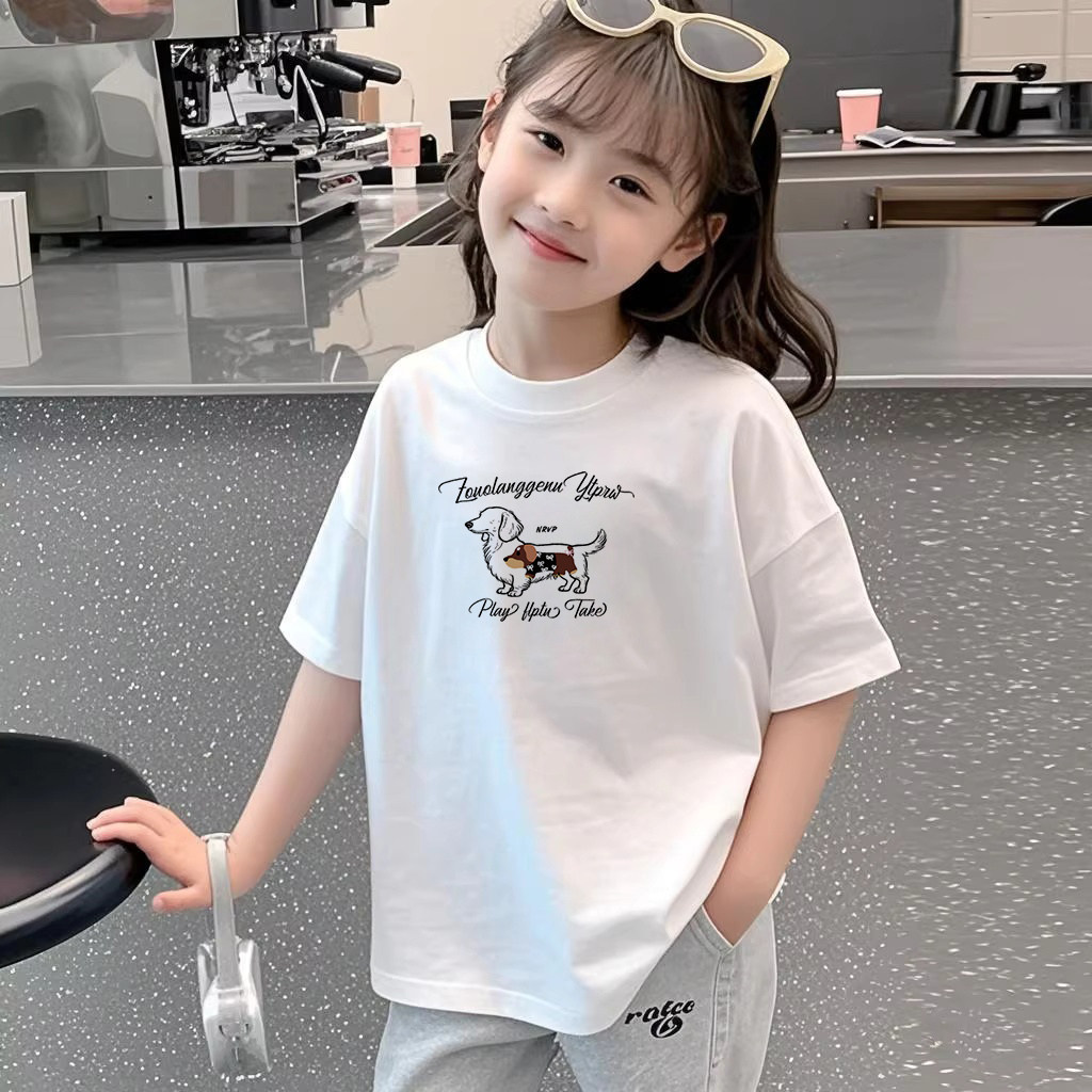 女童纯棉短袖T恤2026新款中大童夏季百搭宽松白色简约半袖上衣潮