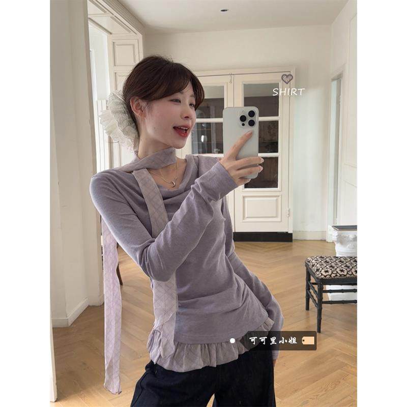 假两件设计感荡领拼接格纹长袖T恤2025夏季新款修身显瘦小众上衣,女装/女士精品,T恤,淘宝优惠券,粉丝福利购,淘宝优惠卷