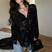 纯欲性感V领黑色蕾丝衬衫 上衣外套 设计感长袖 女春夏薄款 防晒开衫