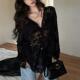 纯欲性感V领黑色蕾丝衬衫 上衣外套 设计感长袖 女春夏薄款 防晒开衫