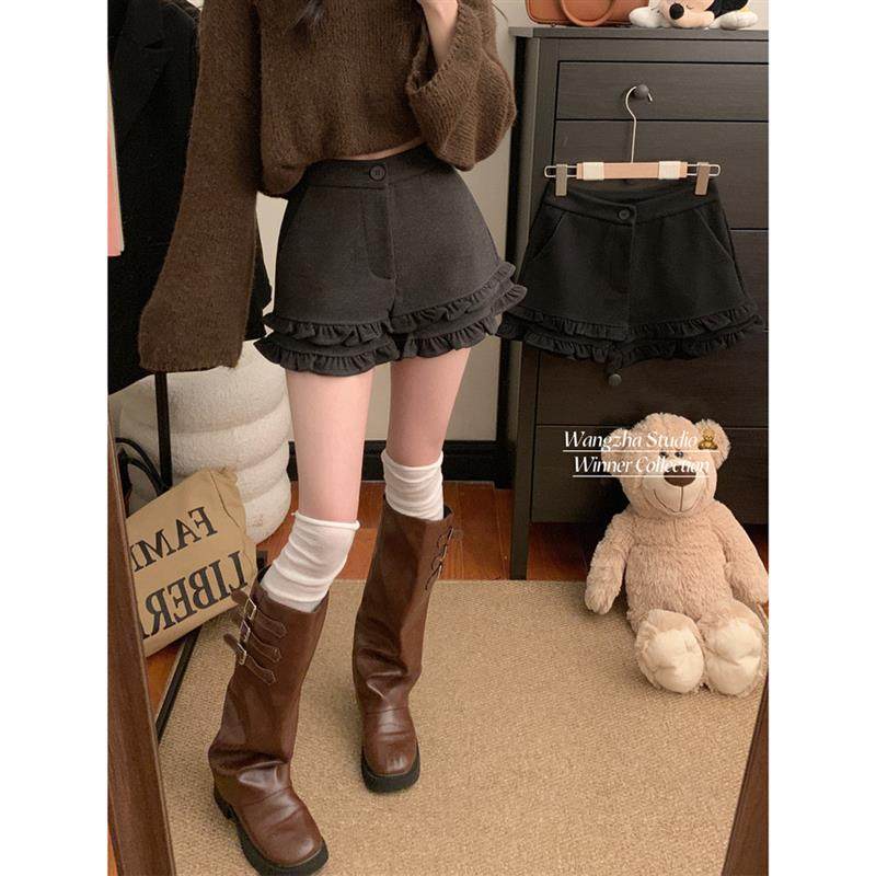 荷叶边毛呢休闲短裤女2025秋冬新款甜辣妹高腰显瘦呢子热裤靴裤子,女装/女士精品,休闲裤,淘宝优惠券,粉丝福利购,淘宝优惠卷
