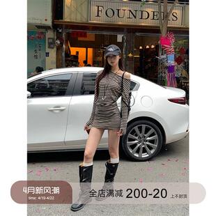 红人馆长袖连衣裙女夏2025新款包臀显瘦气质修身收腰斜肩条纹裙子