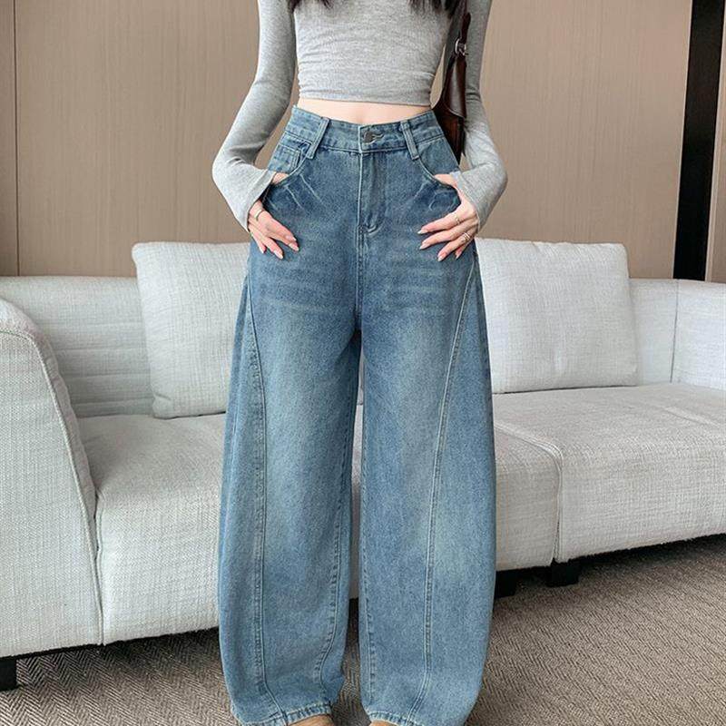 覆古水洗弯刀牛仔裤女2025秋冬新款设计感高腰宽松阔腿拖地长裤子,女装/女士精品,牛仔裤,淘宝优惠券,粉丝福利购,淘宝优惠卷