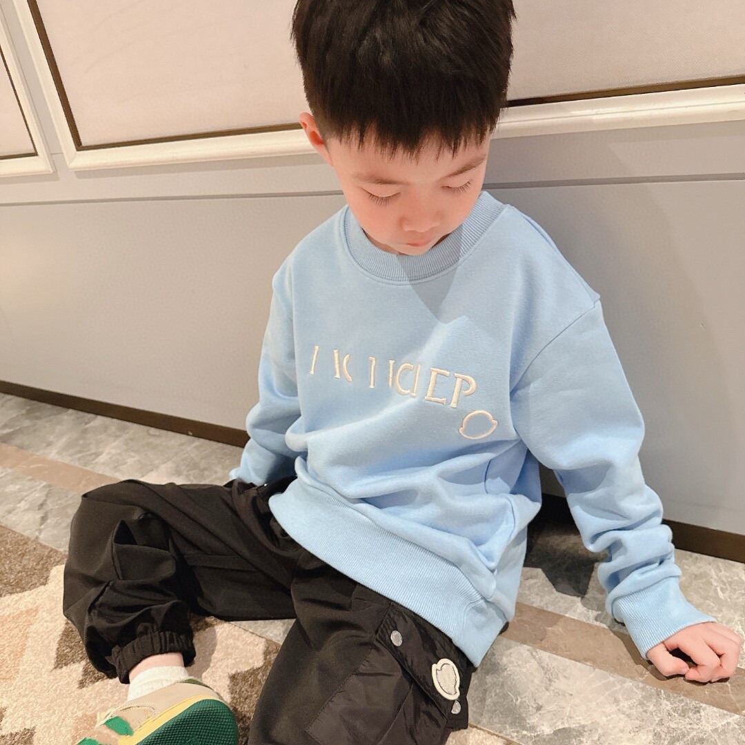 蓝色立体刺绣字母卫衣男童女童春秋款圆领套头衫中大童长袖上衣