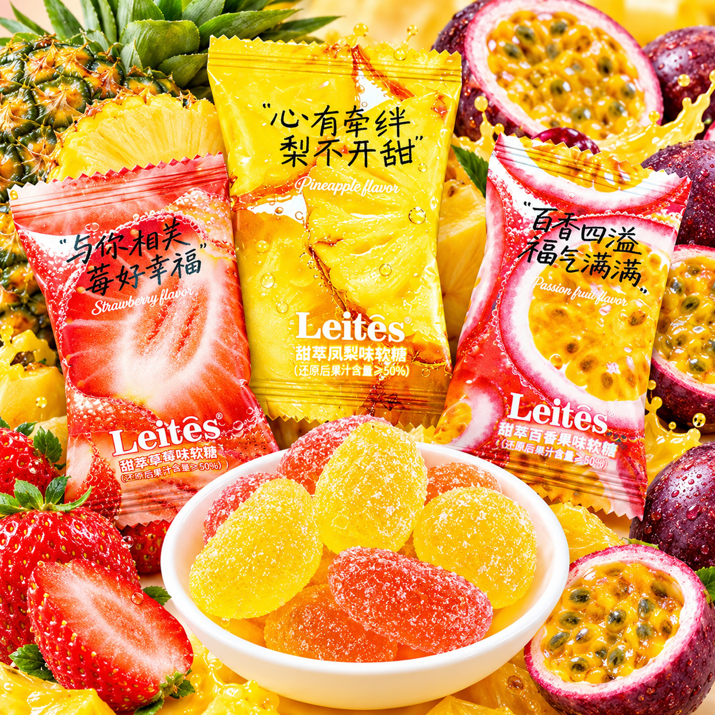 夏目良人如意人甜萃凤梨百香果草莓味果汁软糖散装零食结婚喜糖果