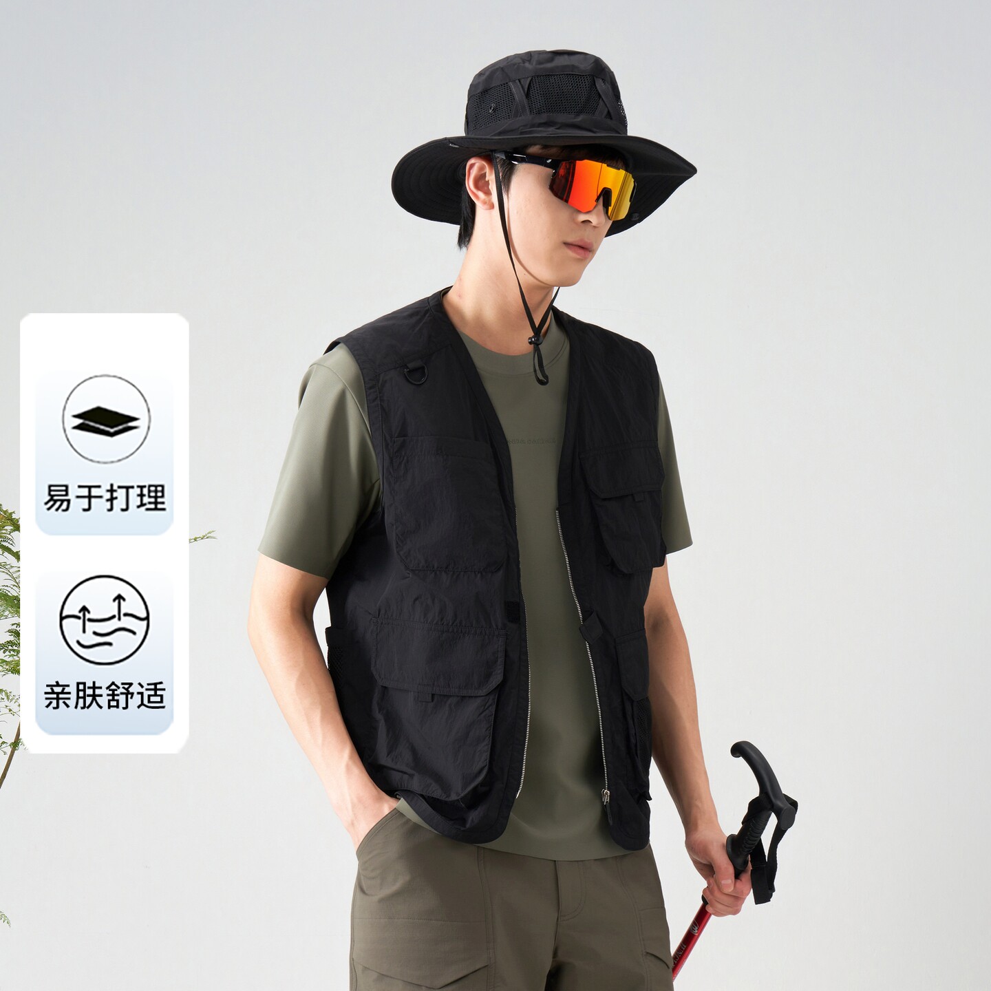 LONDA 伦德马户外工装风多口袋马甲男黑色拉链背心大码户外马夹