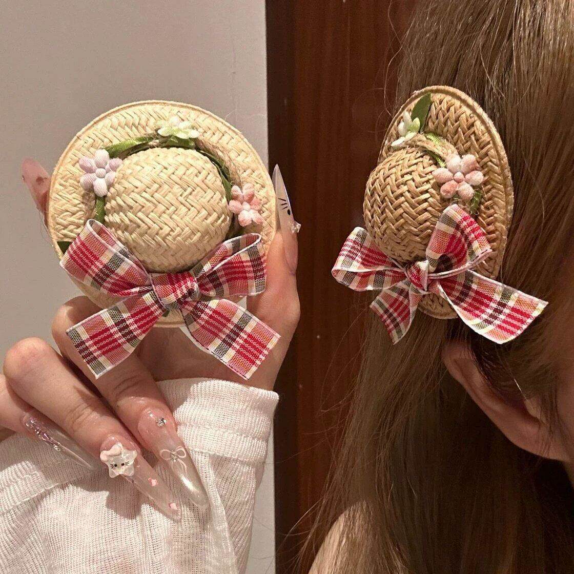 可爱蝴蝶结草编小帽发夹甜美风少女碎发浏海夹森系高颜值百搭发夹