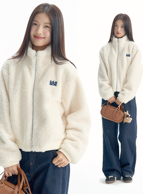 TGWALL「雪人」立领绣花韩系甜美毛绒上衣短款外套宽松羊羔绒女