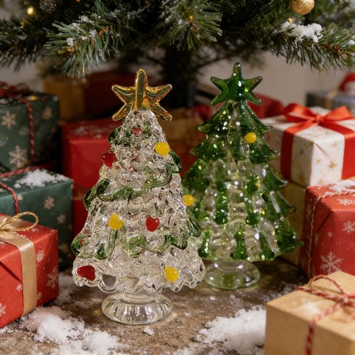 玻璃圣诞树手工拉丝琉璃圣诞树亮晶晶桌面摆件日常送礼可爱礼物玻
