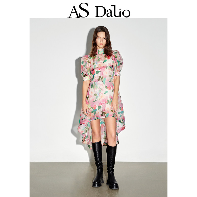AS DALIO真丝粉色印花泡泡袖前短后长短袖设计感半高领春夏连衣裙,女装/女士精品,连衣裙,淘宝优惠券,粉丝福利购,淘宝优惠卷