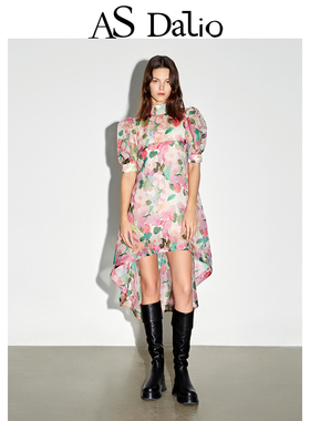 AS DALIO真丝粉色印花泡泡袖前短后长短袖设计感半高领春夏连衣裙