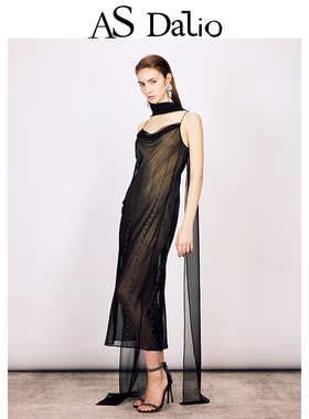 AS DALIO春夏重工精致真丝亮钻连衣裙双层透视性感斜裁荡领吊带裙