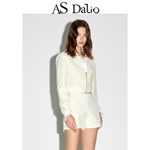 AS DALIO花边领荷叶边柞蚕丝花边上衣袖口抽褶气质短款修身外套女