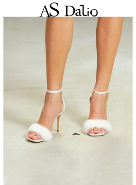 AS DALIO气质时尚白色水貂高跟鞋一字带露趾包跟纯色宴会细跟凉鞋