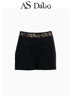 AS DALIO经典黑色蕾丝拼接羊毛短裤休闲百搭时髦镂空腰头修身短裤