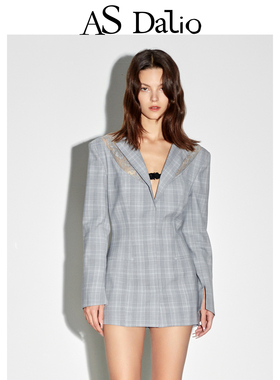 AS DALIO复古精纺羊毛格子蕾丝拼接镂空西服外套原创通勤修身西装